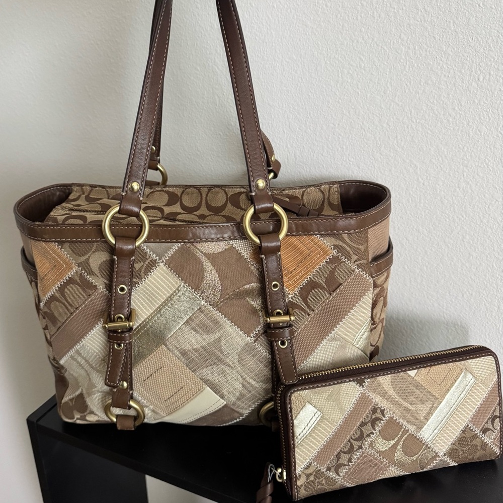 Coach Brown Patchwork Tote with Matching Wallet -… - image 1
